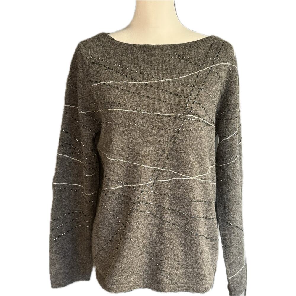 Nina Leonard Embellished Pullover Lambswool Angora Holiday Sweater Women M Gray